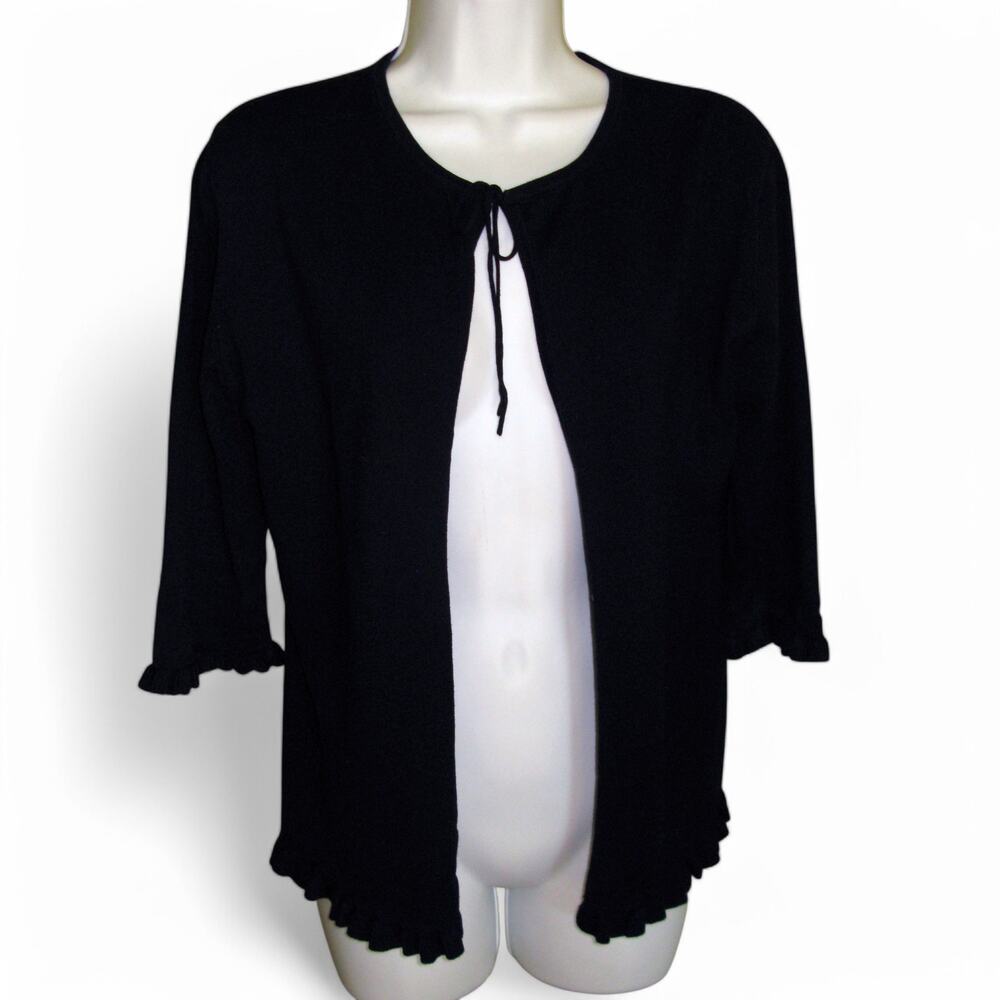 Anna Gray Sweater Open Front with 3/4 Sleeves Black Ruffle Trim 38 Inch Bust